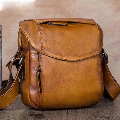 Brown Mens Leather Vintage Vertical Small Messenger Bags Small Side Bag Blue Courier Bag for Men Minimalist Reliability