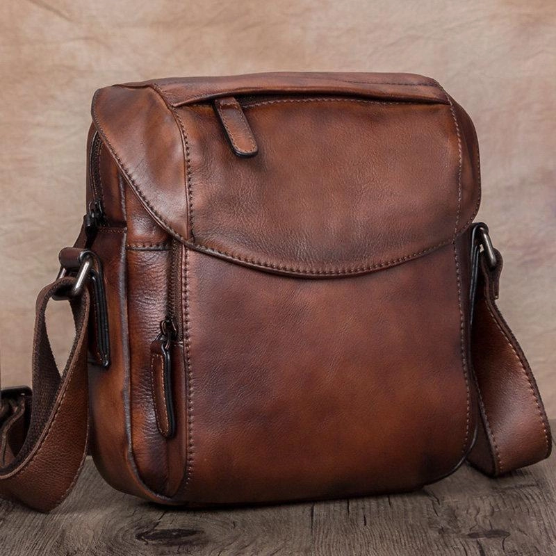 Stylish Journey Brown Mens Leather Vintage Vertical Small Messenger Bags Small Side Bag Blue Courier Bag for Men