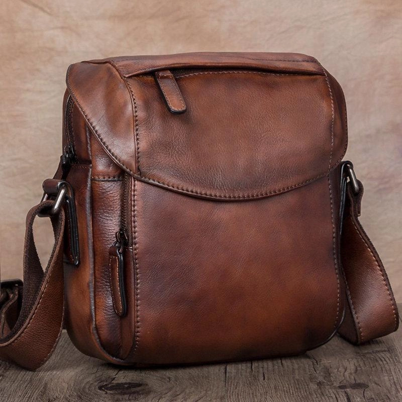 City Style Brown Mens Leather Vintage Vertical Small Messenger Bags Small Side Bag Blue Courier Bag for Men