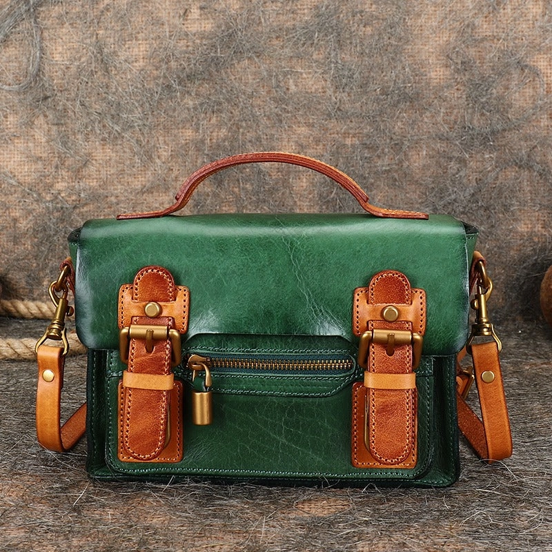 Office Style Easy Storage Handmade Small Leather Womens Satchel Shoulder Bags Green Handbag Crossbody Purse for Ladies