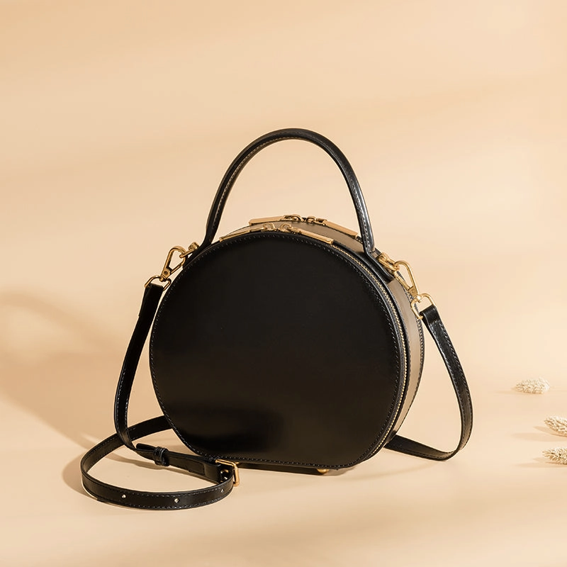 Fashion Lifestyle Wardrobe Must Cute Womens Black Leather Round Handbag Crossbody Purses Round Black Shoulder Bag for Women