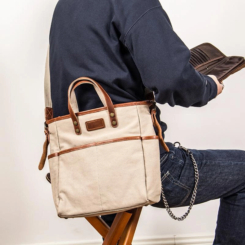 Canvas Leather Mens Side Bag Army Green 12'' Tote Postman Bag Messenger Bag for Men Minimalist Aesthetic Casual Utility