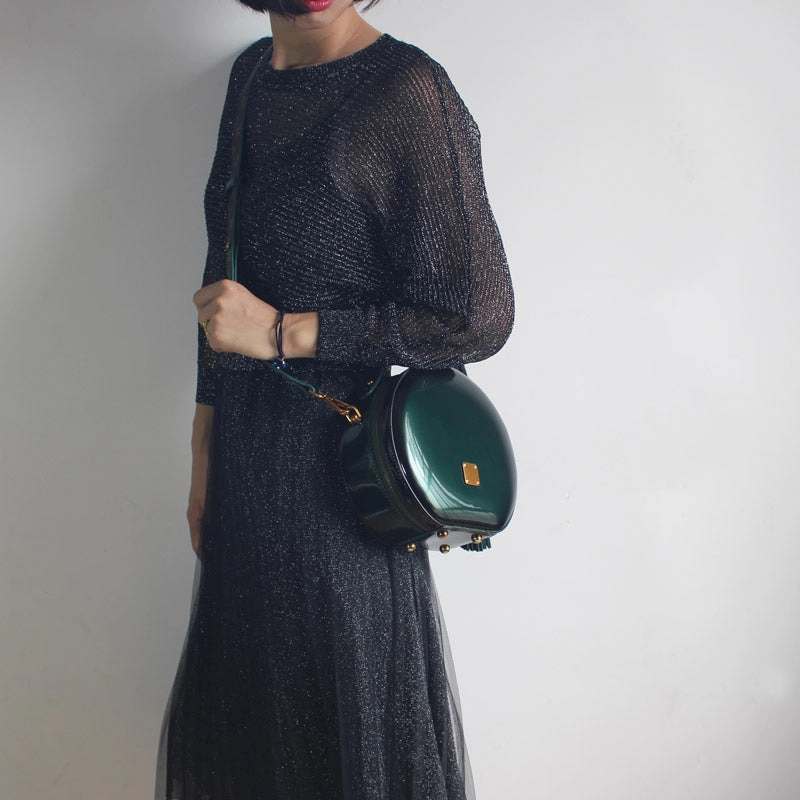 Womens Green Leather Round Handbag Crossbody Purse With Tassels Green Round Shoulder Bags for Women Practical Fashion