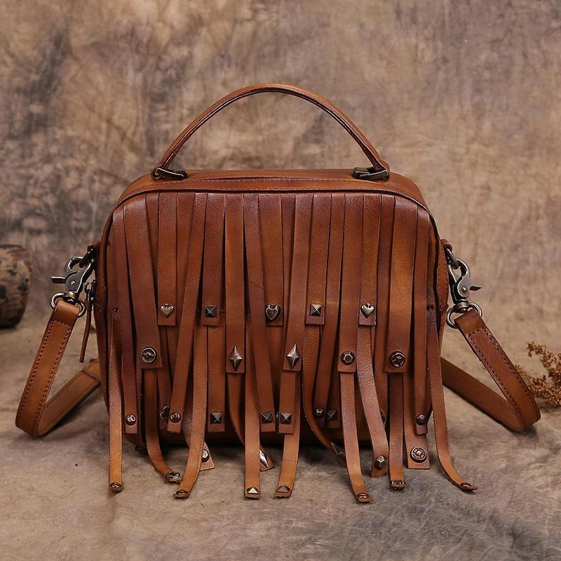 Golden Brown High-end leather purse Purple Vintage Womens Leather Purse Tassel Handbag Brown Shoulder Bag Crossbody Purses for Ladies