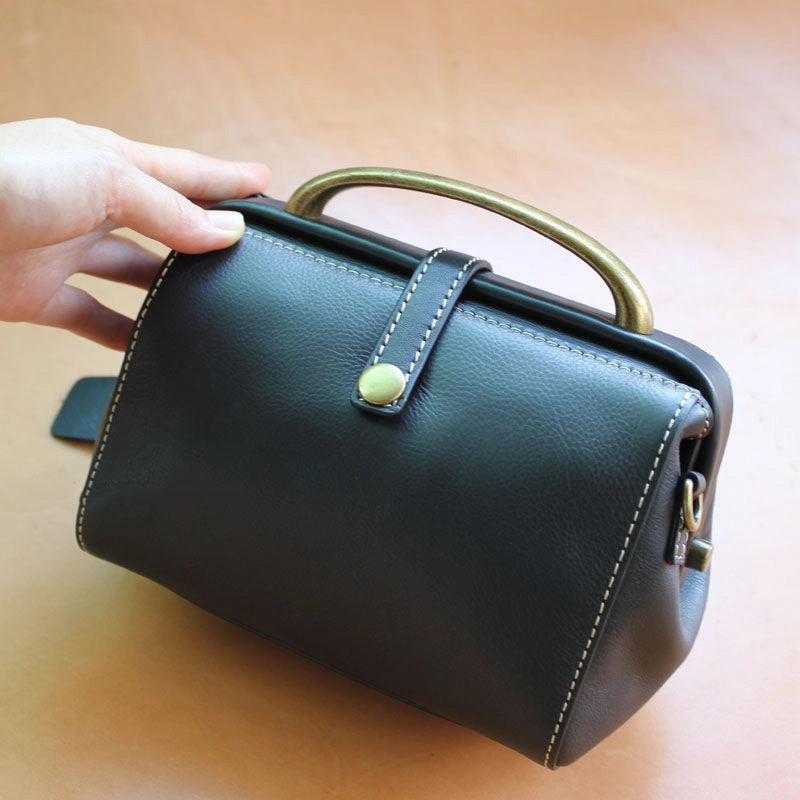 Handmade Womens Black Leather Mini Doctor Handbags Shoulder Purses Black Doctor Purses for Women Water Resistant Casual Day Out
