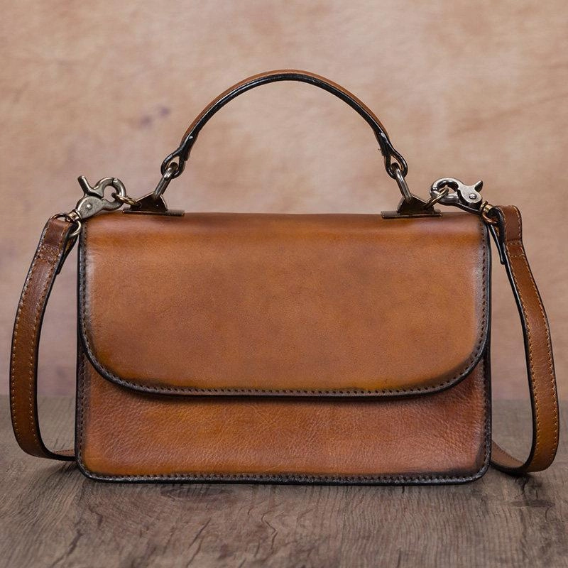 Tan Vintage Womens Leather Square Satchel Handbag Brown Shoulder Bag Purse for Ladies Compact Fit Elegant Finish