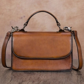 Casual Look Comfortable shopping tote Tan Vintage Womens Leather Square Satchel Handbag Brown Shoulder Bag Purse for Ladies