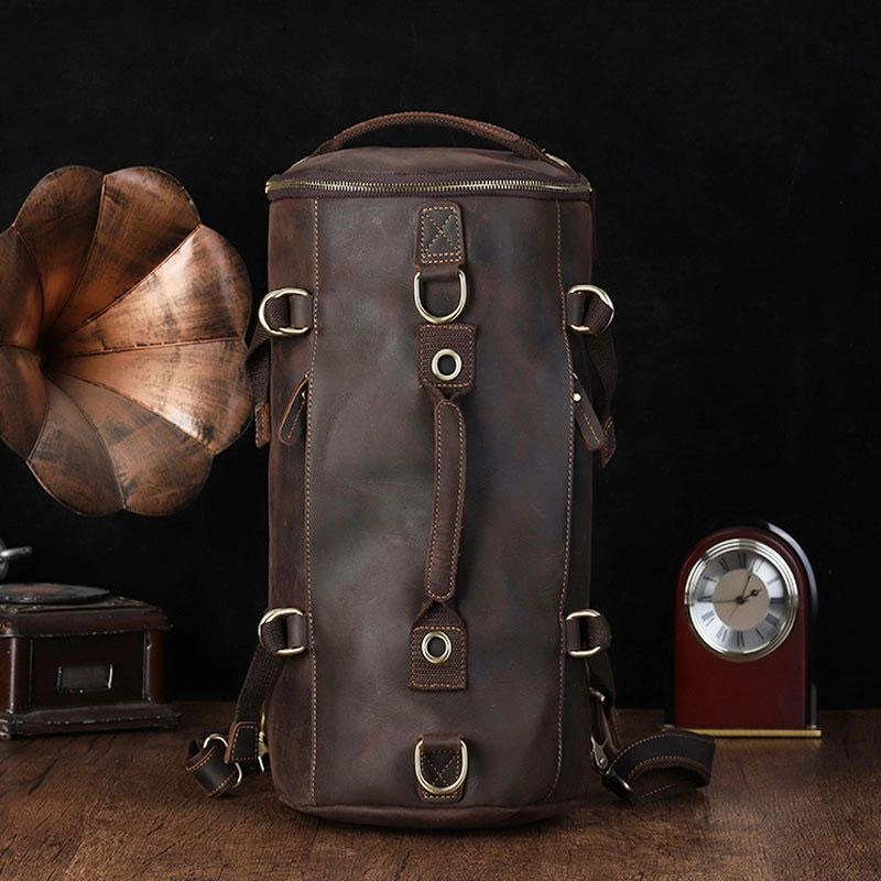 Handy Design Cool Mens Leather Barrel Backpack Overnight Bag Travel Backpack Weekender Bag for men