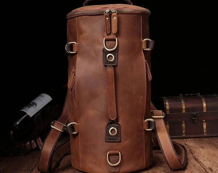 Durable and Compact Cool Mens Leather Barrel Backpack Overnight Bag Travel Backpack Weekender Bag for men