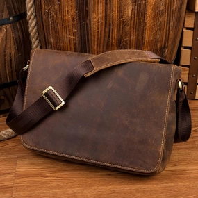 Dark Brown Leather 13 inches Mens Messenger Bags Courier Bags Postman Bag for Men Lightweight Carry