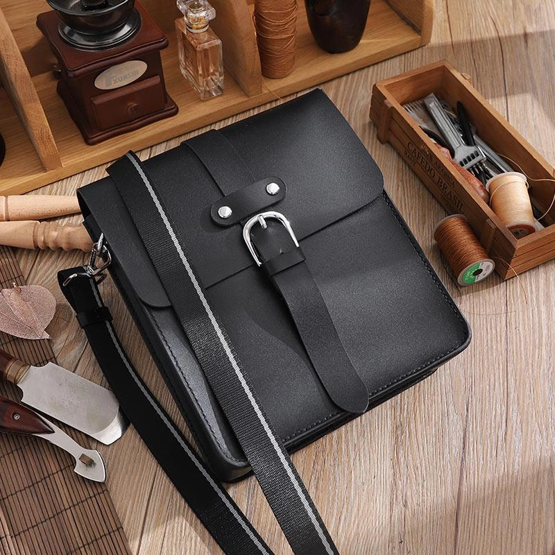 City Adventure Handmade Black LEATHER MENs Vertical Messenger Bag Black Small Side Bag FOR MEN