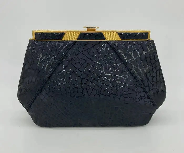 Judith Leiber Black Embossed Suede Alligator Clutch Elegant Style Color Pop