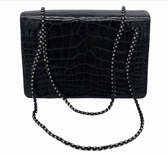 Matte Look Statement Accessory Judith Leiber Vintage Black Alligator Crystal Strap Evening Bag