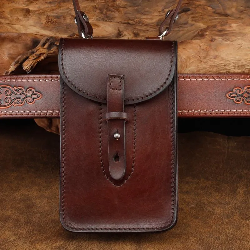 Premium Craft Cool Leather Mens Biker Cell Phone Holster Belt Pouch Side Waist Bag Shoulder Bag for Men