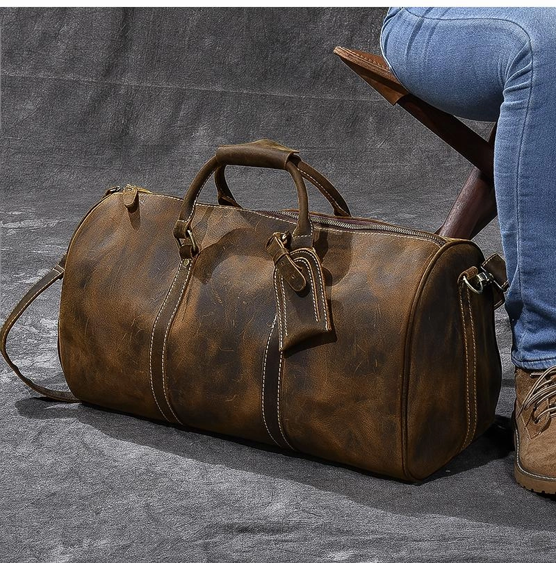 Outdoor-ready bag Retro Brown Leather Men's Business Overnight Bag Large Travel Bag Coffee Duffel Bag Weekender Bag For Men