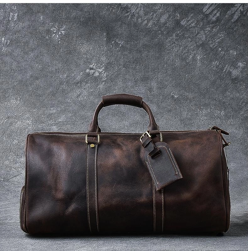Retro Brown Leather Men's Business Overnight Bag Large Travel Bag Coffee Duffel Bag Weekender Bag For Men All-Purpose Travel Gear