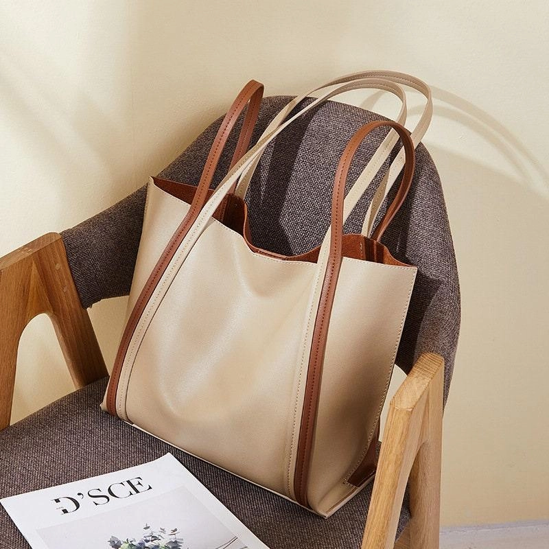 Minimalist Genuine Leather Tote, women reverse bag, top handle purse, leather purse, leather bucket bag, gift for her, Everyday Bag Modern Function