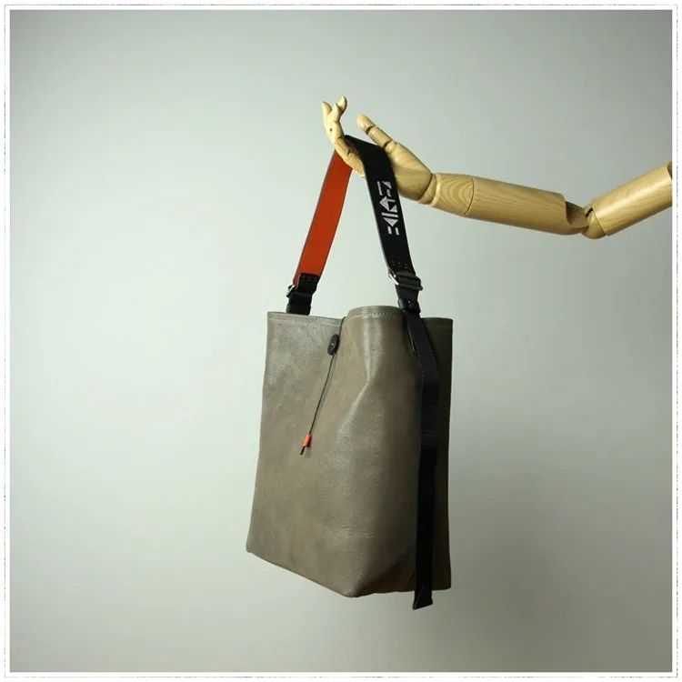 Modern Function Large Womens Khaki Leather Shoulder Barrel Tote Bag Bucket Tote Handbag Purse Work Bag for Ladies