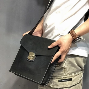 Stylish Journey Business Black Leather Mens 10 inches Square Side Bag Messenger Bag Tan Postman Bag Courier Bag for Men