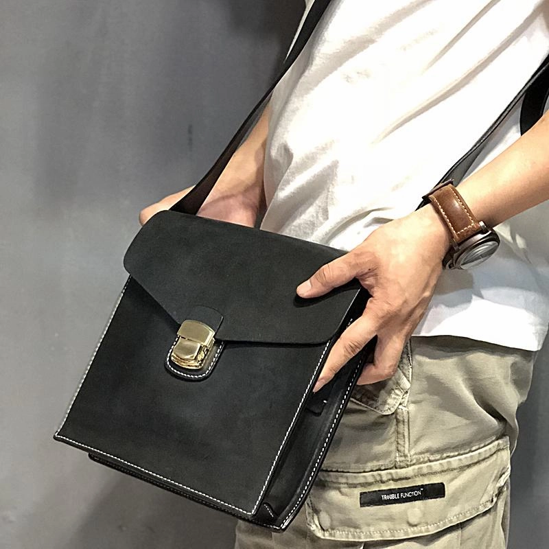 Stylish Journey Business Black Leather Mens 10 inches Square Side Bag Messenger Bag Tan Postman Bag Courier Bag for Men
