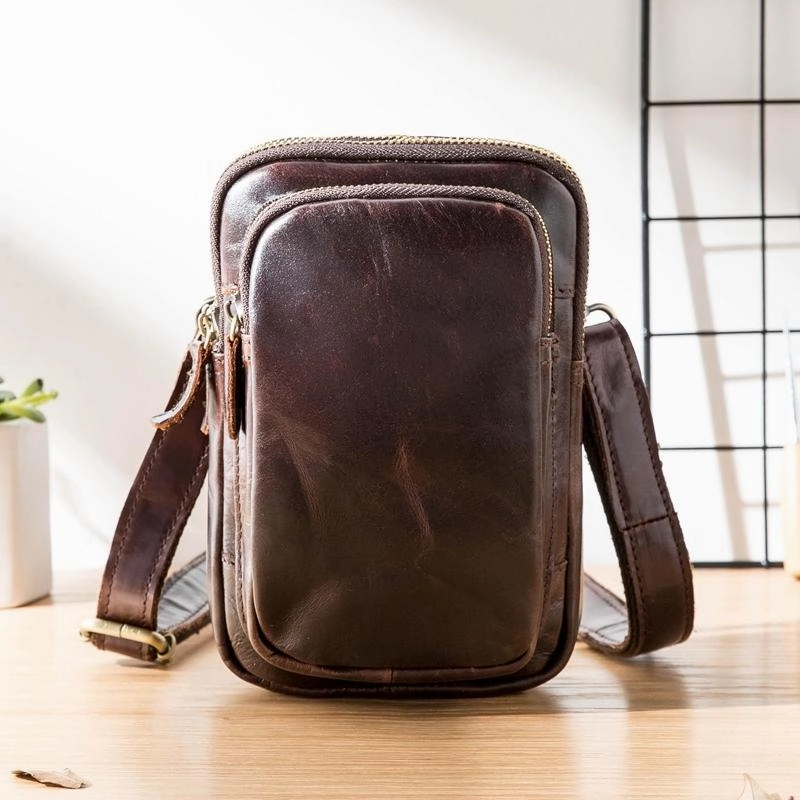 Black Leather Mens Mini Messenger Bag Belt Pouch Tan Side Bag Phone Bag Belt Bag For Men Trendy Journey City Adventure