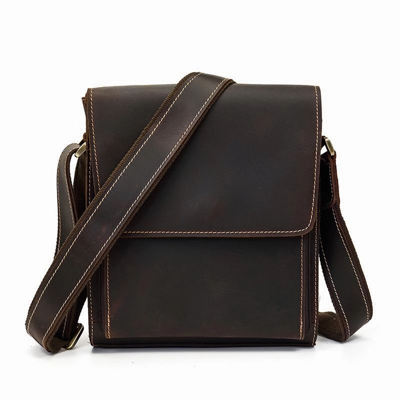 Vintage Brown  Leather Men's Small Side Bag Vertical Messenger Bag Tablet Bag For Men Minimalist Comfort Comfort Style
