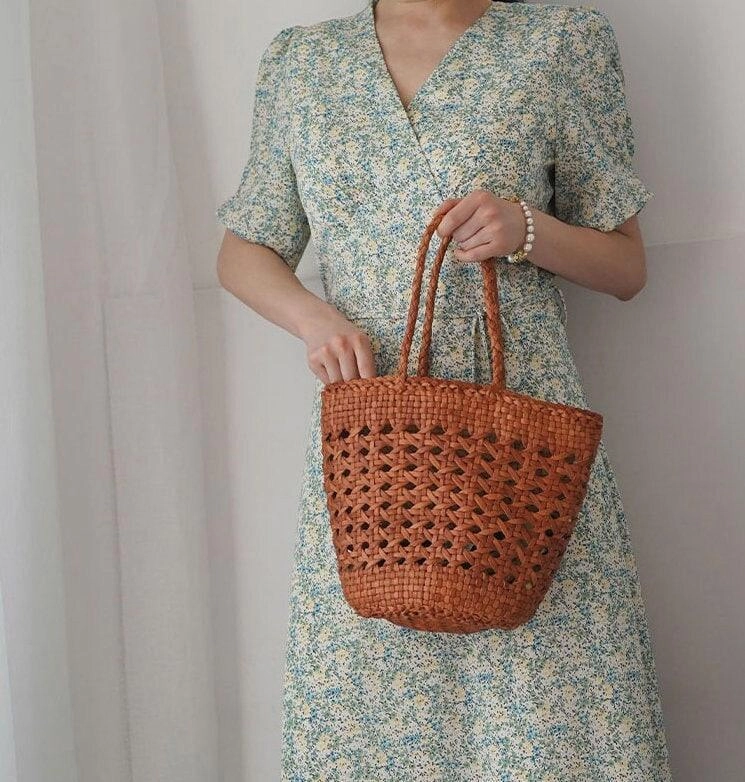 Genuine Leather Hand Woven handbag | Open Rattan Woven Triple Jump Bamboo Ladies Hobo Holiday Bag, Weekend Basket Bag Practical Size Farm Visit