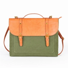 Canvas Leather Mens 15" Brown Messenger Bag Side Bag Briefcase Green Courier Bag for Men Smart Design