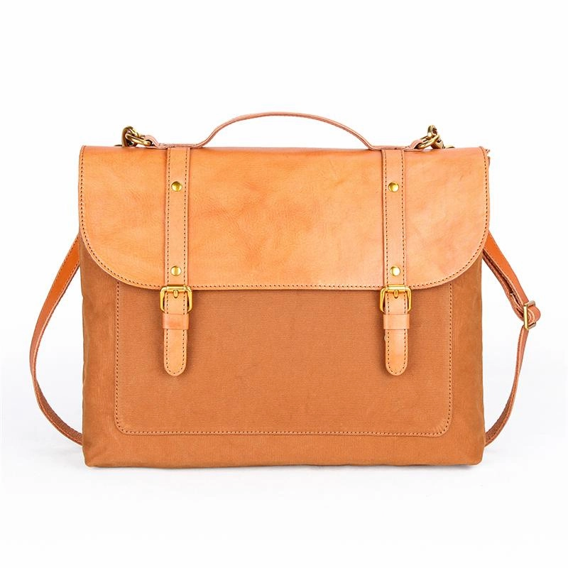 Canvas Leather Mens 15" Brown Messenger Bag Side Bag Briefcase Green Courier Bag for Men Compact Gear