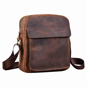 Sleek Design Badass Brown Leather Men's Vertical Side Bag 10inch Vertical Messenger Bag For Men
