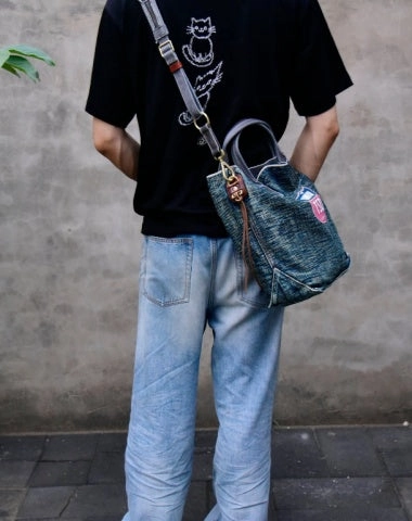 Blue Denim Vertical Mens Tote Messenger Bag Blue Jean Vertical Tote Bag Denim Tote Handbag Denim Tote Bag Stylish Edge Practical Utility