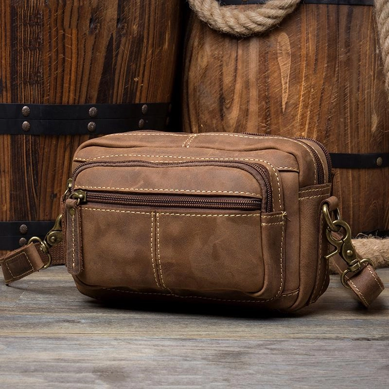 Cool Brown Leather Mens Small Side Bag Postman Bag Mini Messenger Bag for Men Daily Utility Travel Organizer