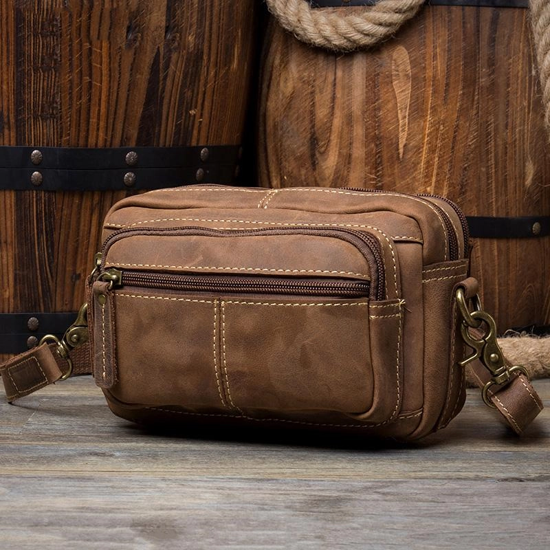 Functional Reliability Modern Adventure Cool Brown Leather Mens Small Side Bag Postman Bag Mini Messenger Bag for Men