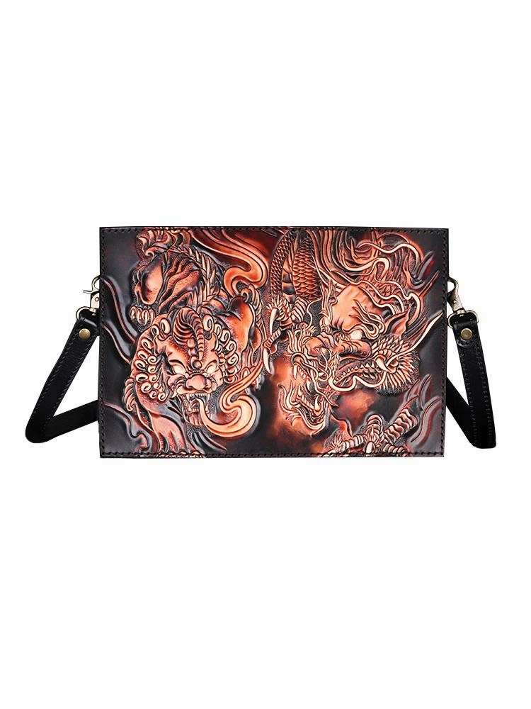 Urban Aesthetic Compact Performance Handmade Black Tooled Lion Dragon Leather Messenger Bags Side Bag Clutch Wristlet Bag For Men