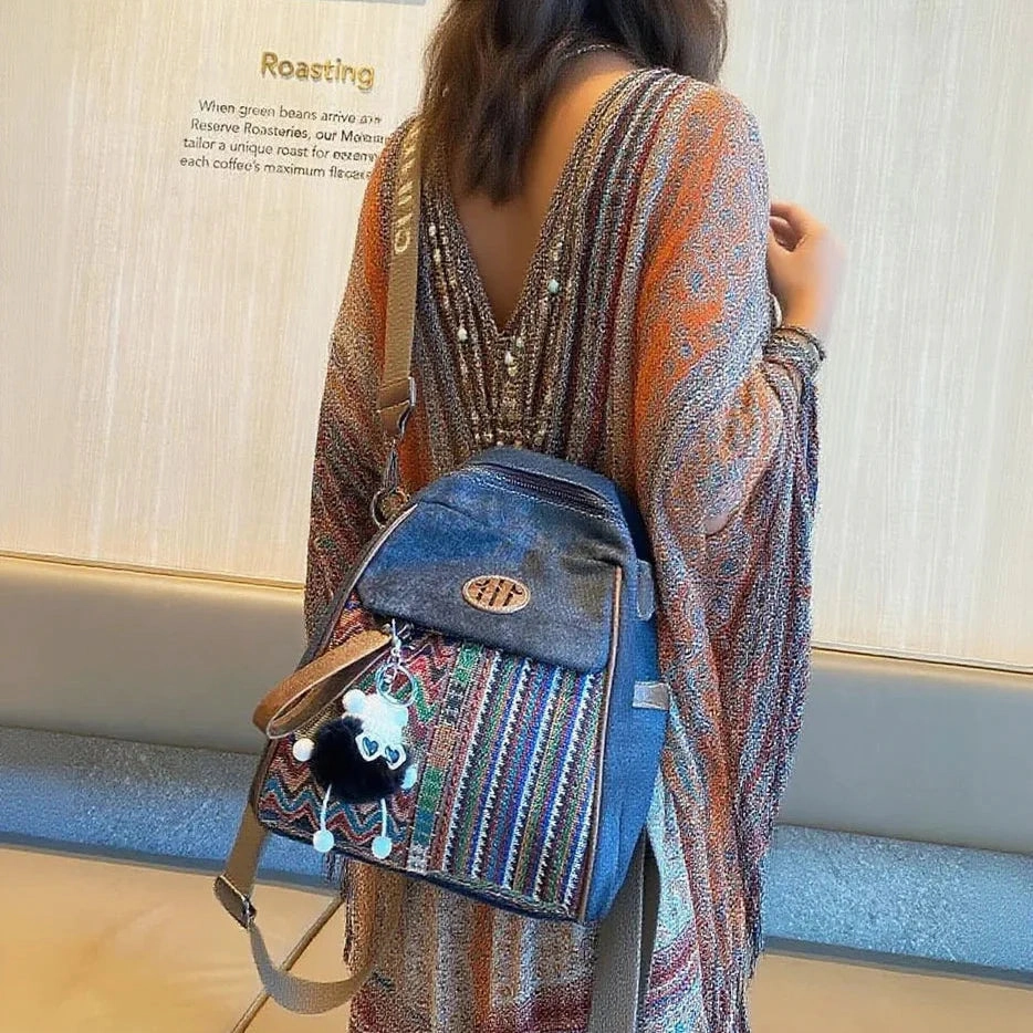 Secure Lock Vintage Convertible Boho Crossbody Bag Women Boho Style Backpack Black Gray Embroidery Canvas Backpack Adventure Efficiency