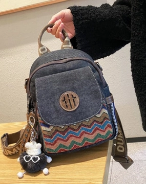 Secure Lock Vintage Convertible Boho Crossbody Bag Women Boho Style Backpack Black Gray Embroidery Canvas Backpack Quick-Access Storage