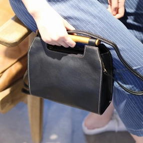 Vintage Tan Leather Womens Wooden Top Handle Satchel Handbag Women's Satchel Shoulder Bag Sophisticated Office Soft Structure