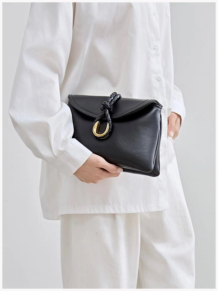 Silky Lambskin Leather Braided Rope Buckle Shoulder & Crossbody Bag | Elegant Handle Party Bag for Women Pearl Accent