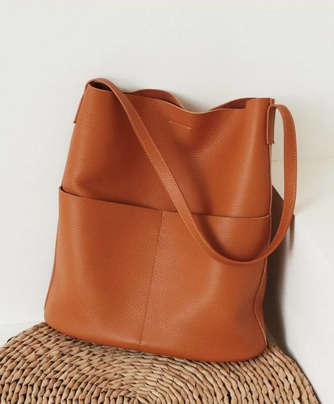 Oak Cowhide Leather Tote Bag ?? Women Handcrafted Soft Leather Bucket Bag ?? Minimalist Tote, Two Front Pockets Bag??Cloud Oslo Laptop Bag Fashion Lifestyle Accessory Lightweight Carryall