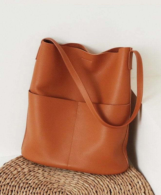 Everyday Organization Soft Lightweight Material Oak Cowhide Leather Tote Bag ?? Women Handcrafted Soft Leather Bucket Bag ?? Minimalist Tote, Two Front Pockets Bag??Cloud Oslo Laptop Bag