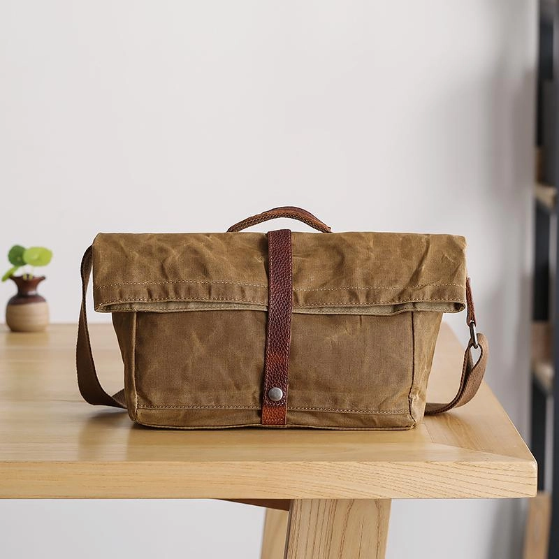 Functional Style Waxed Canvas Mens Side Bag 13???? Khaki Courier Bag Messenger Bag for Men