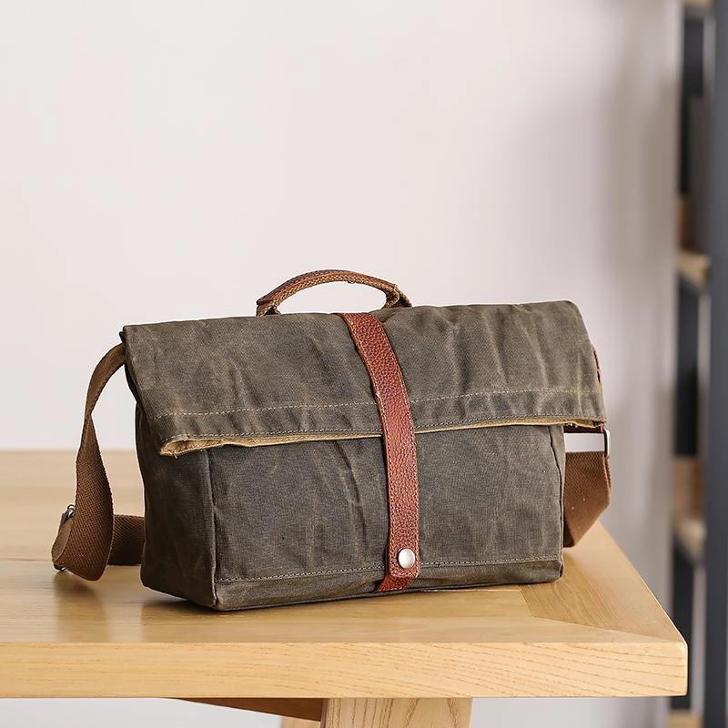 Waxed Canvas Mens Side Bag 13???? Khaki Courier Bag Messenger Bag for Men Quality Finish