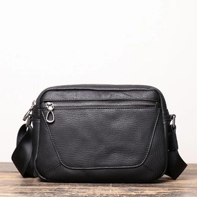 Versatile Storage Black Cool Leather Small Zipper Messenger Bag Black Courier Bag Side Bag Black Shoulder Bag For Men