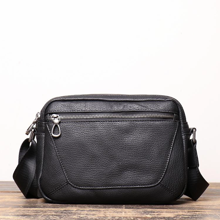 Black Cool Leather Small Zipper Messenger Bag Black Courier Bag Side Bag Black Shoulder Bag For Men Minimal Travel Classic Functionality