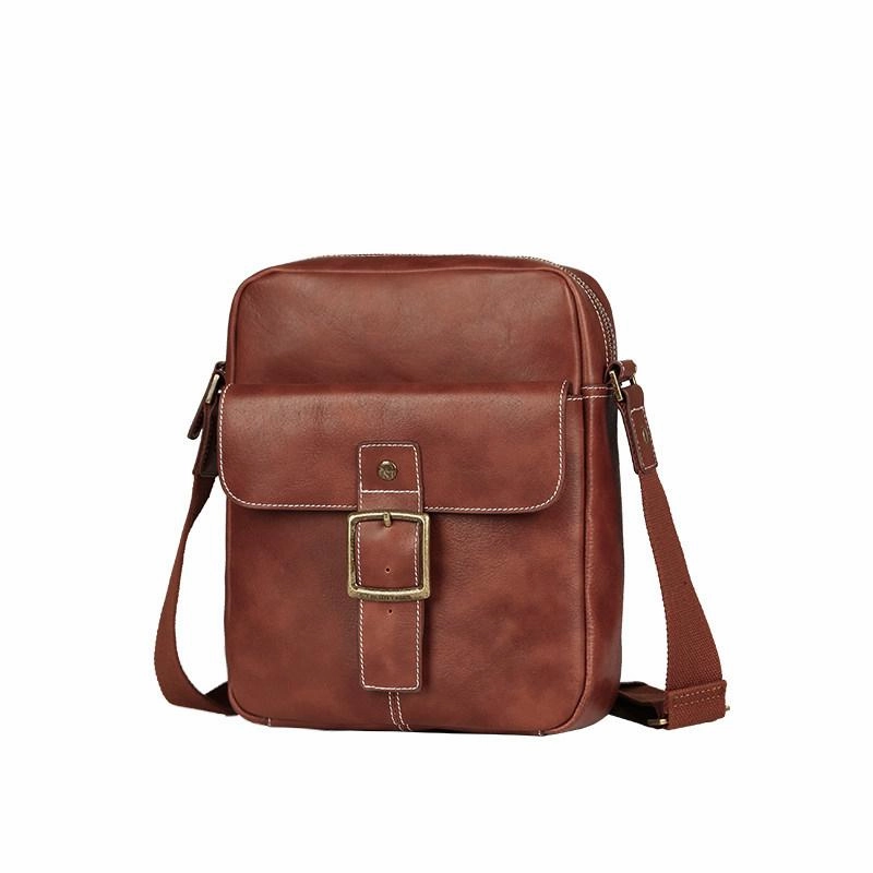 Travel Comfort Brown Leather Mens Small Vertical Side Bag Messenger Bags Brown Casual Bicycle Bags for Men