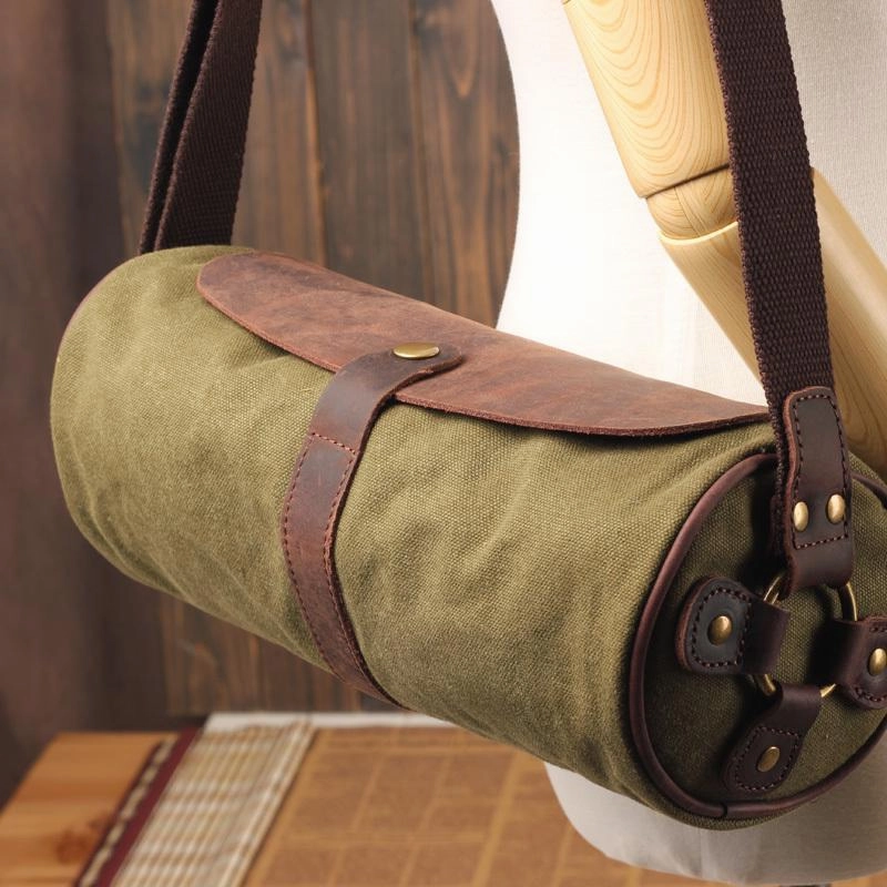 Outdoor Adventure Gear Gray Leather Mens Green Barrel Sling Bag Postman Bag Bucket Messenger Bag Side Bag For Men