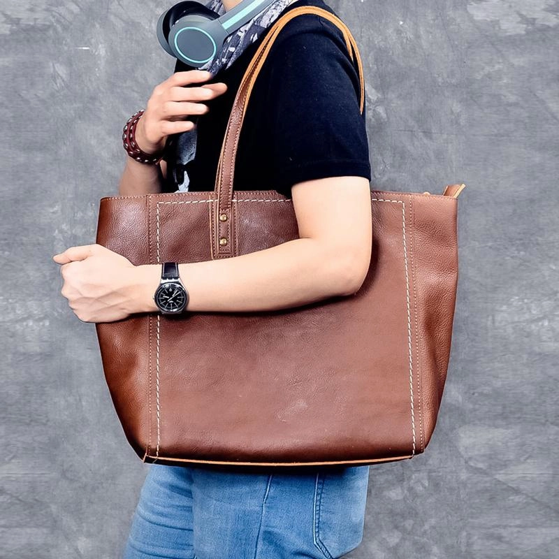 Stylish Functionality Soft Fabric Leather Mens Womens 15" Large Shoulder Bag Brown Tote Bag Large Side Bag Dark Coffee Handbag For Men