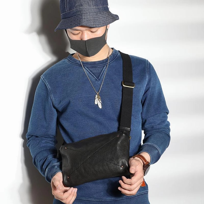 Comfort Style Cool Black LEATHER MEN'S 8 INCHES Small Side BAGs Sling MESSENGER BAG Chest BAG FOR MEN