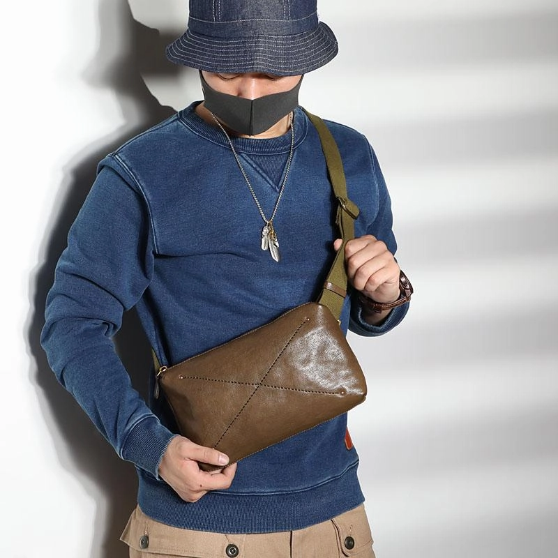 Functional Style Cool Black LEATHER MEN'S 8 INCHES Small Side BAGs Sling MESSENGER BAG Chest BAG FOR MEN