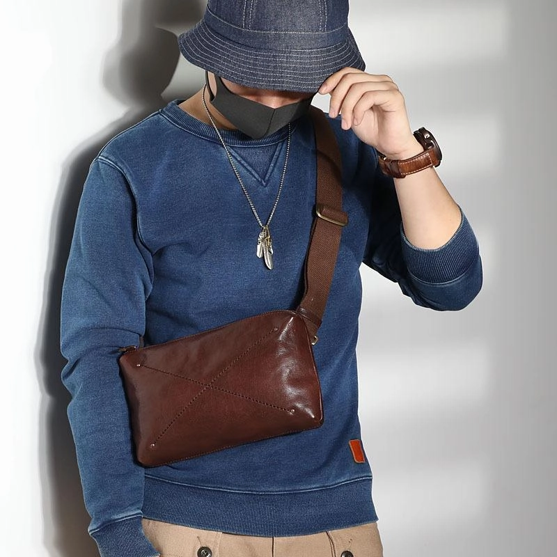 Fashion Practicality Cool Black LEATHER MEN'S 8 INCHES Small Side BAGs Sling MESSENGER BAG Chest BAG FOR MEN